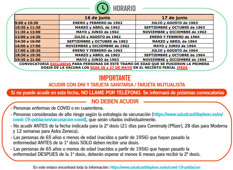 Vacuna covid Zamora segunda dosis 63, 64 y 65