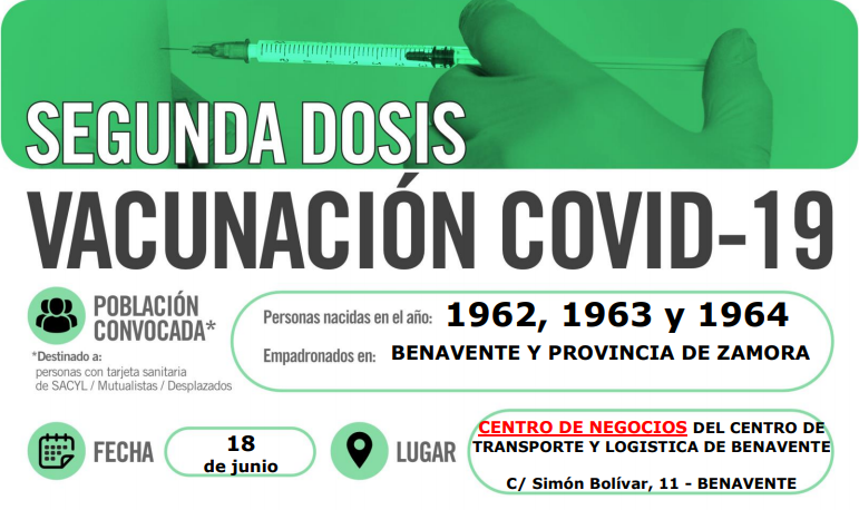 Vacuna covid segunda dosis Benavente 62,63 y 64