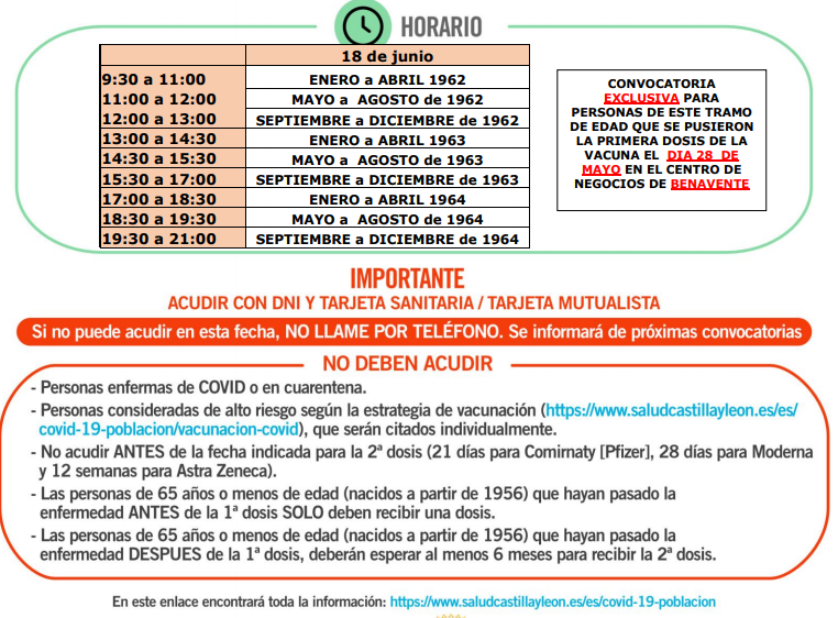 Segunda dosis vacuna covid Benavente 62, 63 y 64