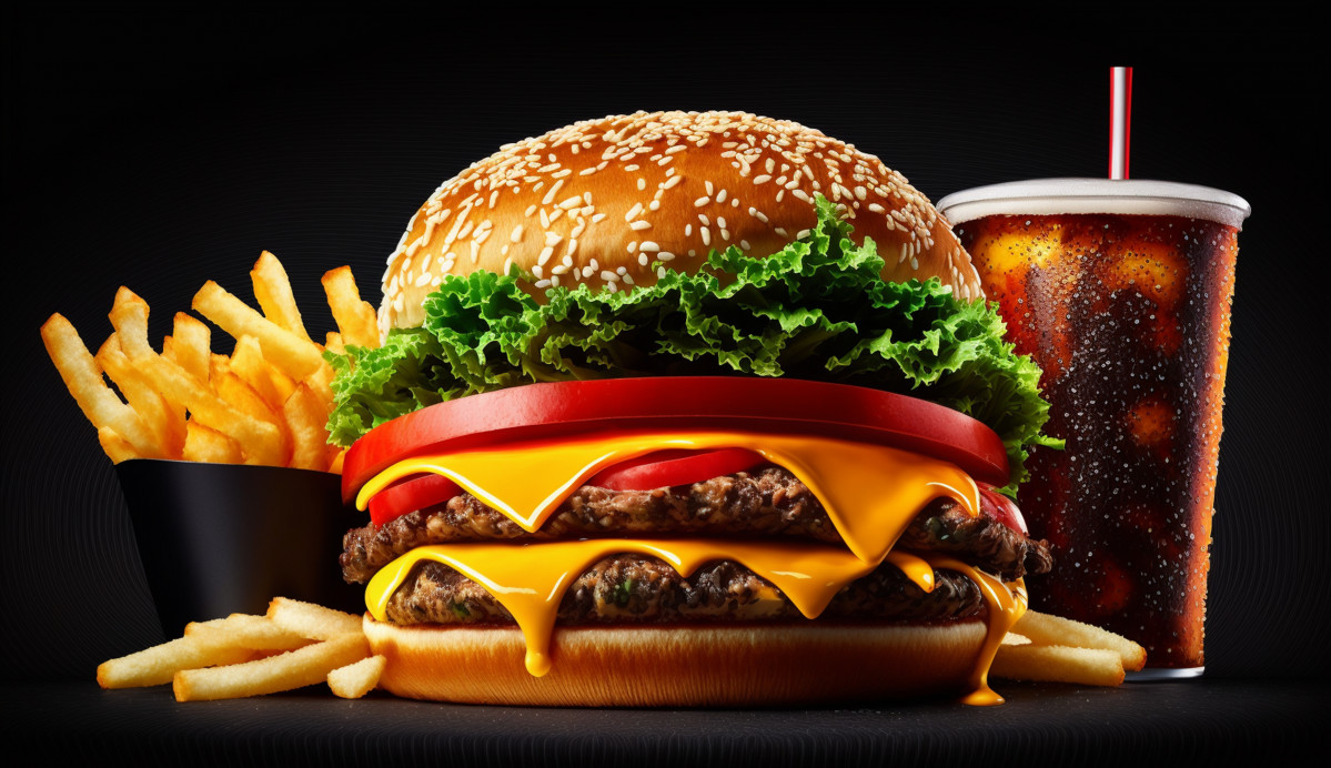 Hamburguesa ternera plancha patatas fritas queso tomate ia generativa