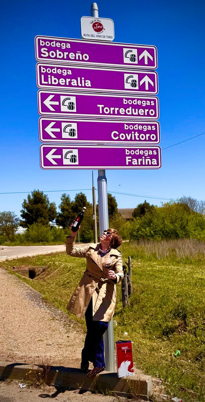 La presidenta de la Ruta del Vino de Toro, Beatriz Fernu00e1ndez Pujo, posa junto a algunas de las nuevas seu00f1ales instaladas